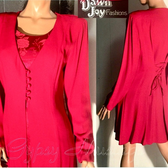 Vtg 80s DAWN JOY Red Mock 2 Pc Lace Up Back Knee Length Tunic Dress~ 7/8 - Picture 3 of 7